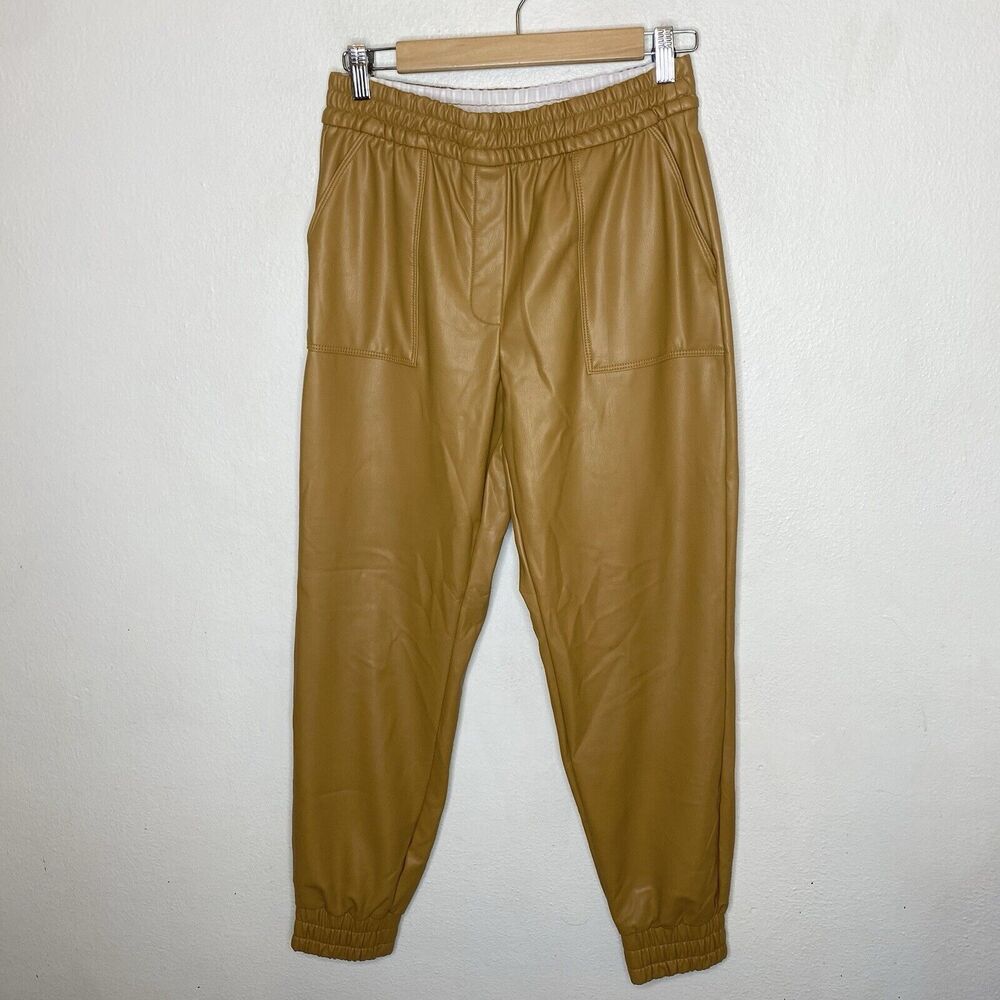 New Express High Waisted Faux Vegan Leather‎ Joggers in Tan Pockets Women’s XS